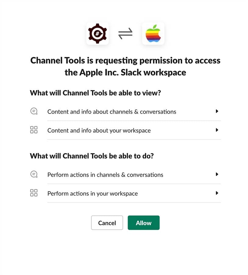 Slack's permission modal for Channel Tools app